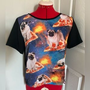 Fun sheer cropped graphic art tee, size S, pugs on pizza in space!